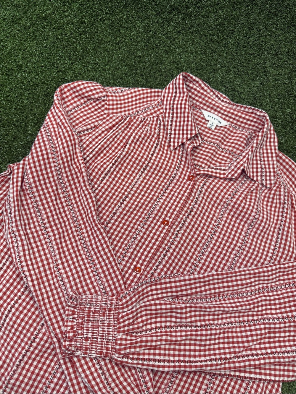 Max Studio Lightweight Button Down‎ Gingham Red White Blouse Smocked Embroidered
